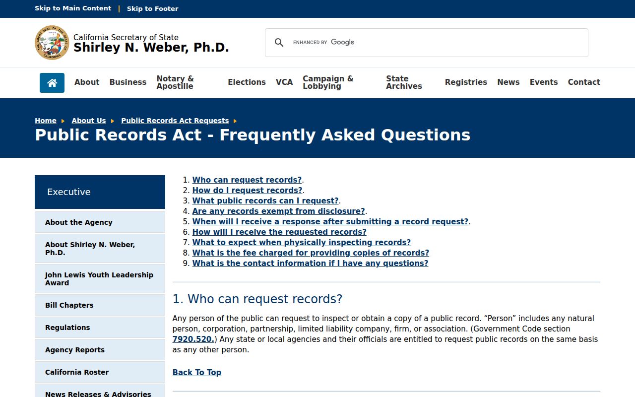 Atwater residents directory view of California Public Records Act request guidance