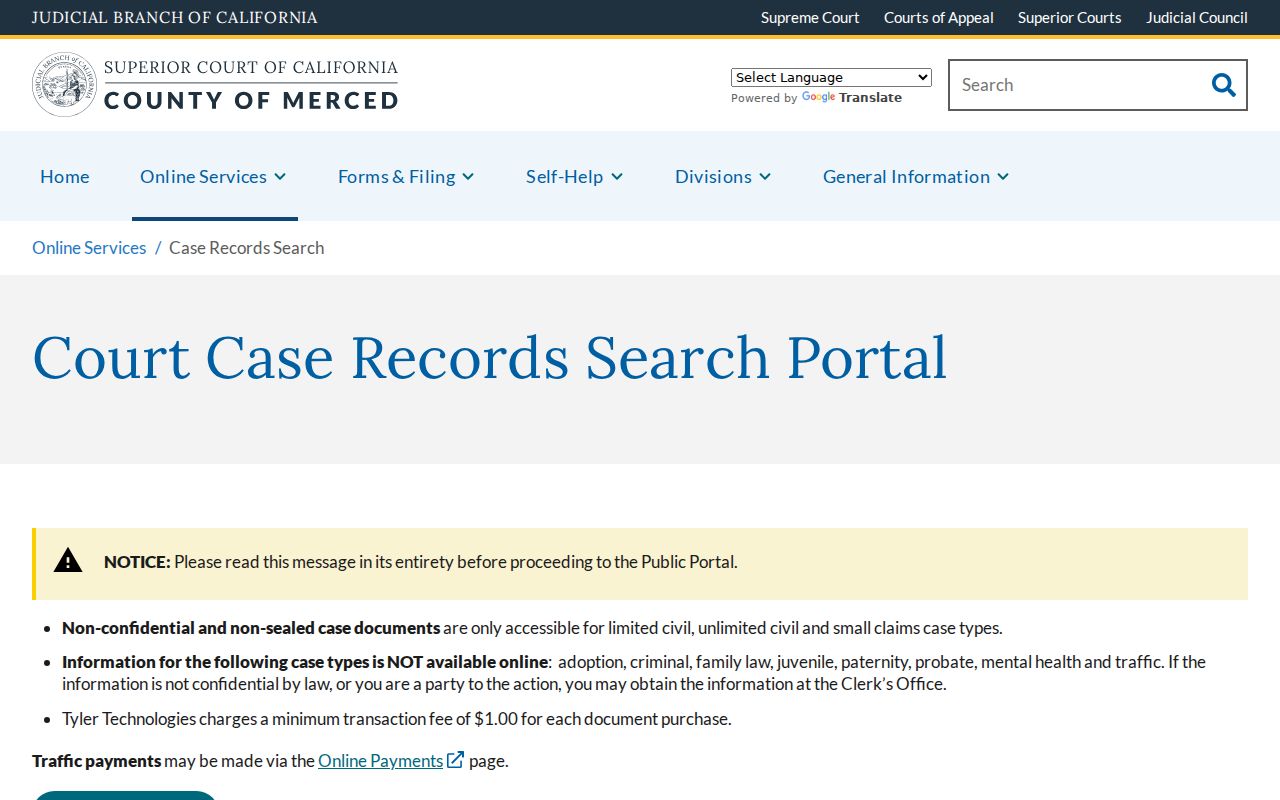 Atwater residents directory view of the Merced Superior Court case records search