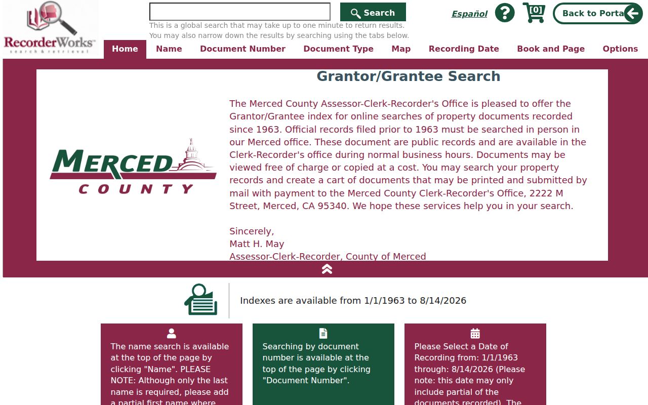 Atwater residents directory view of the Merced RecorderWorks grantor grantee index
