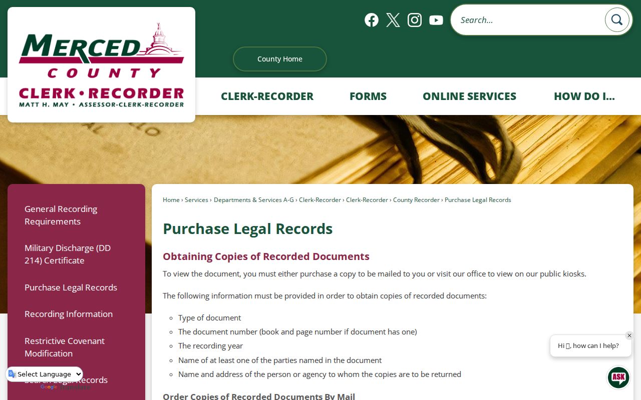 Atwater previous residents Merced recorded-document ordering and fees